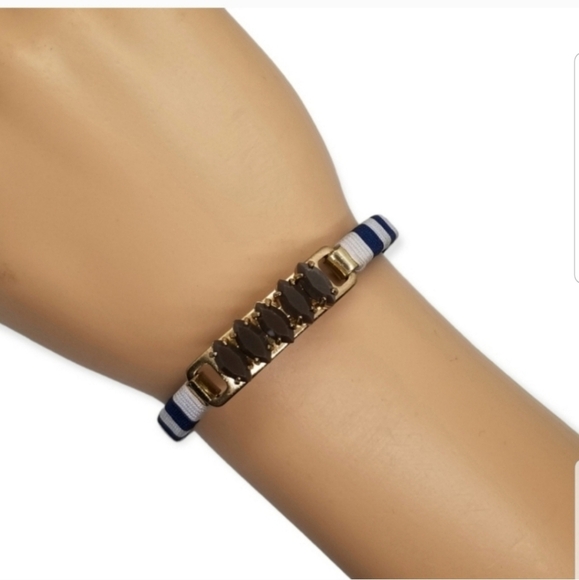 J.CREW VINTAGE BLUE & WHITE STRIPED & JEWEL DETAIL HINGED GOLDTONE BRACELET - Picture 2 of 7